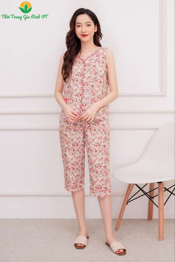 B45.2202.Bộ cotton nữ quần lửng áo sát nách bèo nẹp
