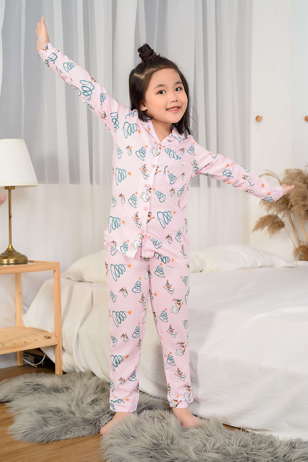 B70.2002.Bộ lanh Pijama bé gái quần dài áo dài tay viền lé